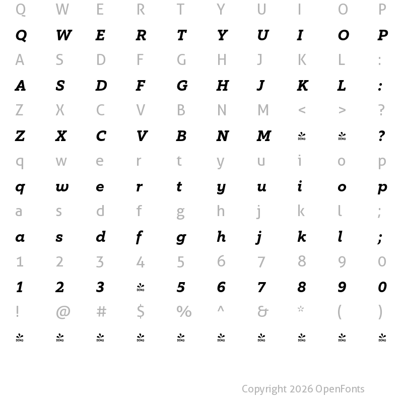 Character Map of FONTSPRING DEMO - EquipSlab Bold Italic