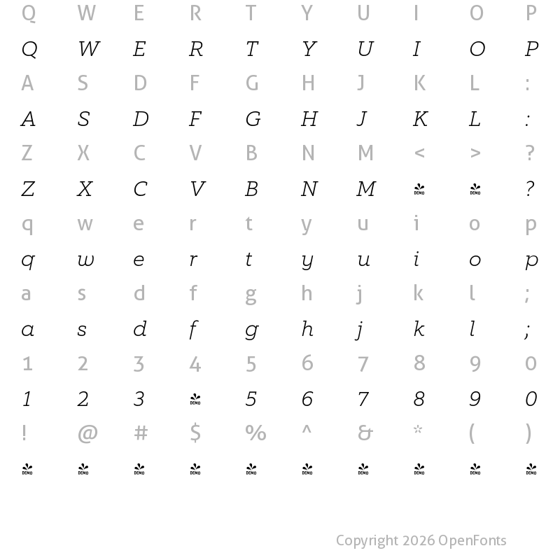 Character Map of FONTSPRING DEMO - EquipSlab ExtraLight Italic