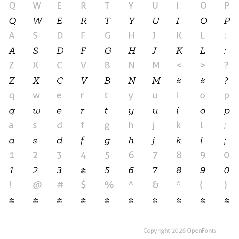 Character Map of FONTSPRING DEMO - EquipSlab Light Italic