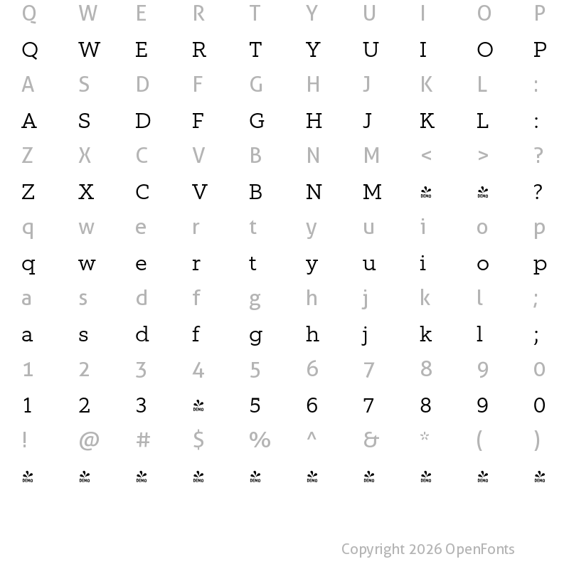 Character Map of FONTSPRING DEMO - EquipSlab Light Regular