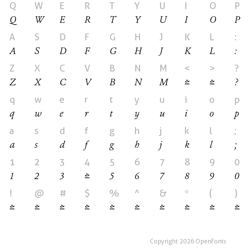 Character Map of FONTSPRING DEMO - Erato-LightItalic Regular