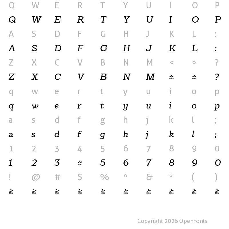 Character Map of FONTSPRING DEMO - Eroika Slab Lt Italic
