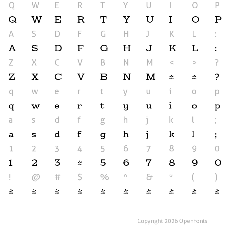 Character Map of FONTSPRING DEMO - Eroika Slab Lt Regular