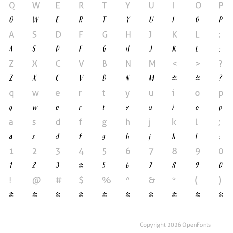 Character Map of FONTSPRING DEMO - Erstwhile Italic
