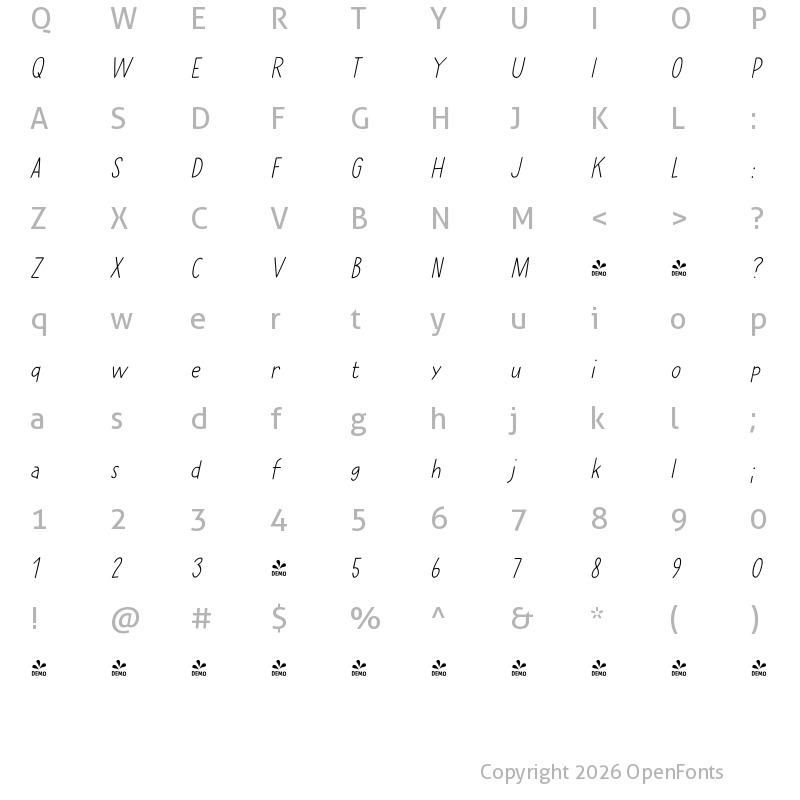 Character Map of FONTSPRING DEMO - Erstwhile Line Italic