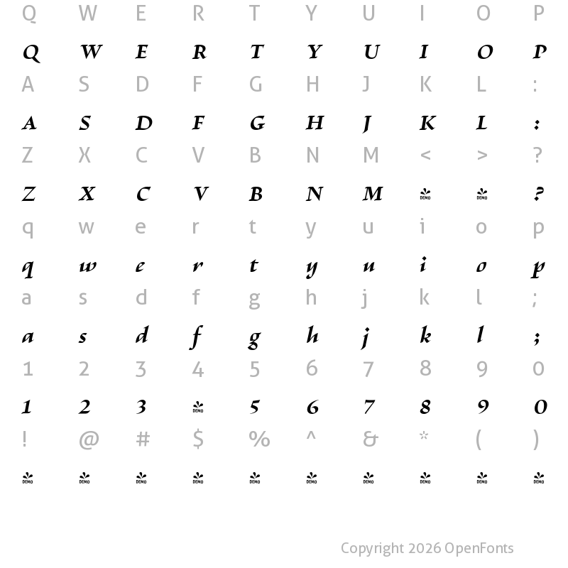 Character Map of FONTSPRING DEMO - Escritura Bold Italic
