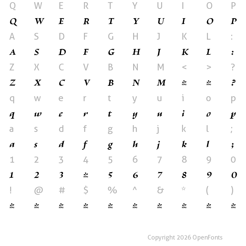 Character Map of FONTSPRING DEMO - Escritura Display Bold Italic