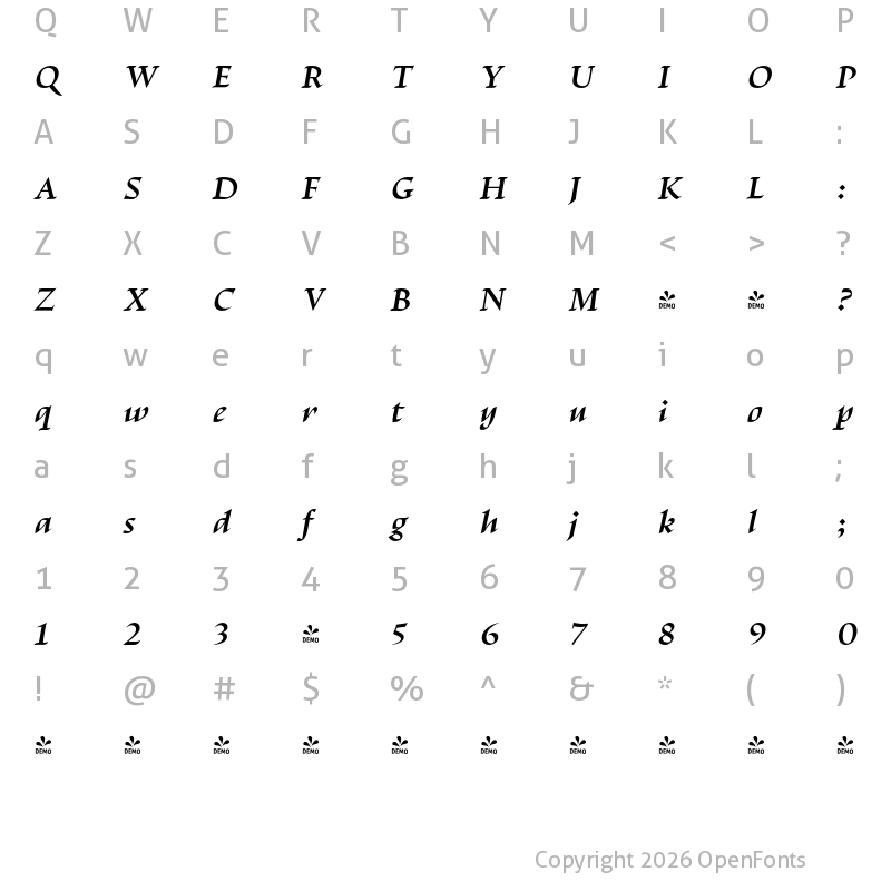 Character Map of FONTSPRING DEMO - Escritura Display Demi Bold Italic