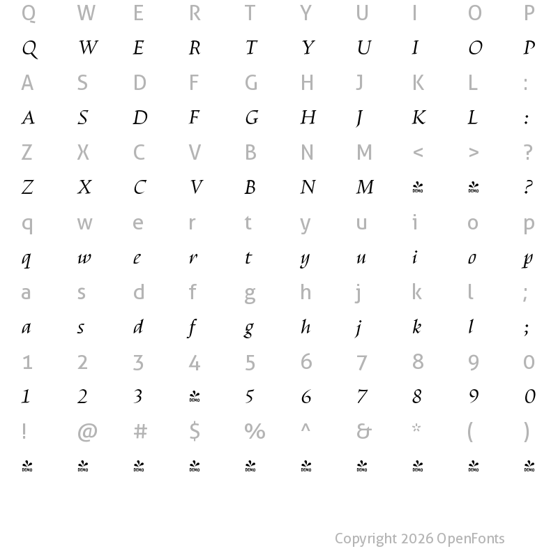 Character Map of FONTSPRING DEMO - Escritura Display Italic
