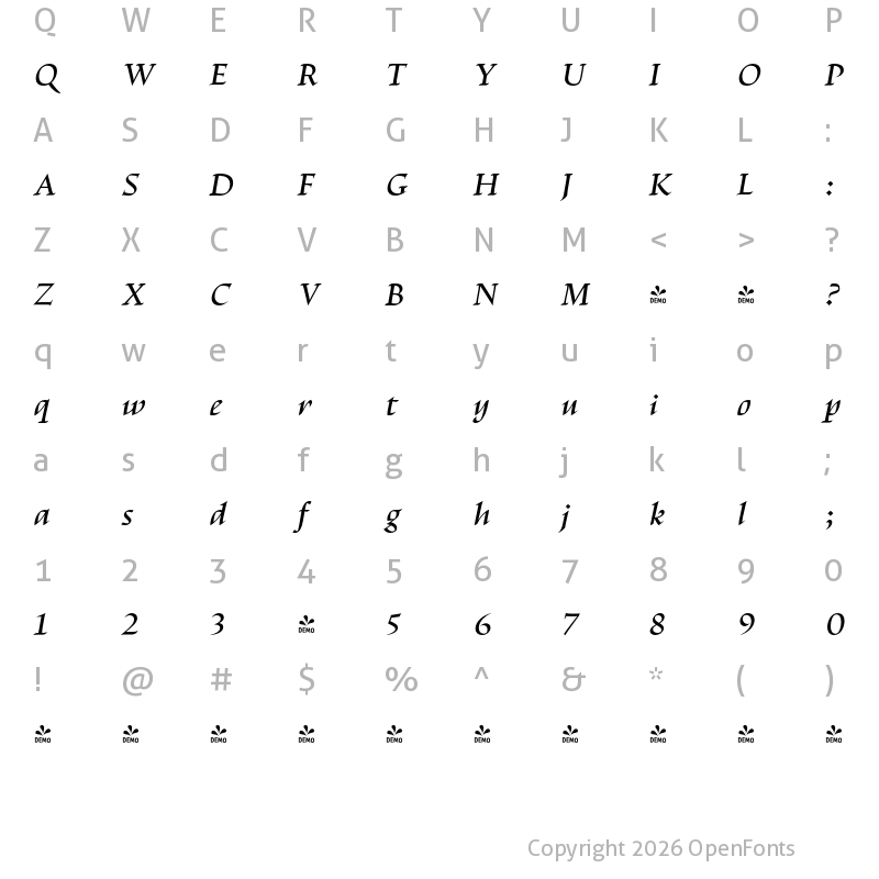 Character Map of FONTSPRING DEMO - Escritura Display Medium Italic