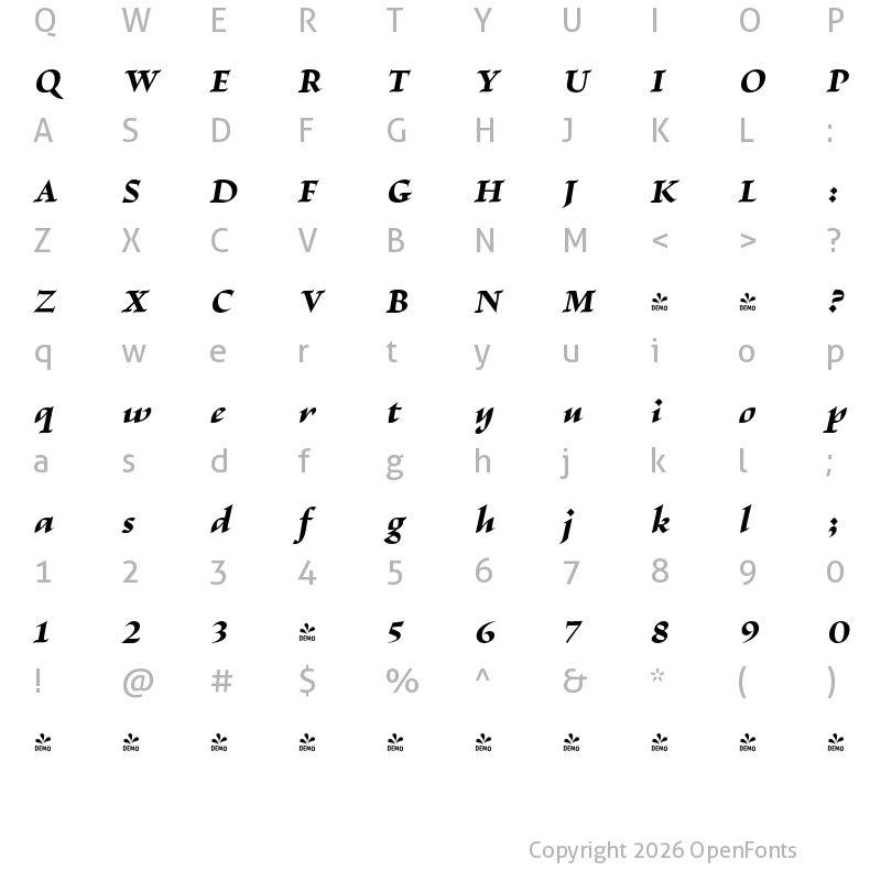 Character Map of FONTSPRING DEMO - Escritura ExtraBold ExtraBold Italic