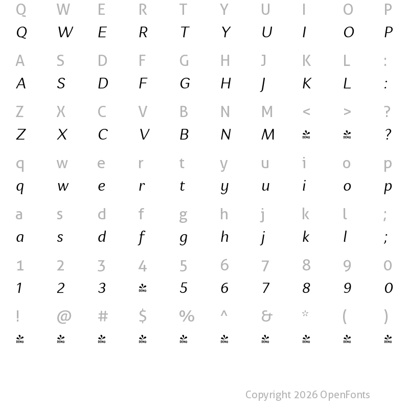 Character Map of FONTSPRING DEMO - Espuma Pro Bk Italic