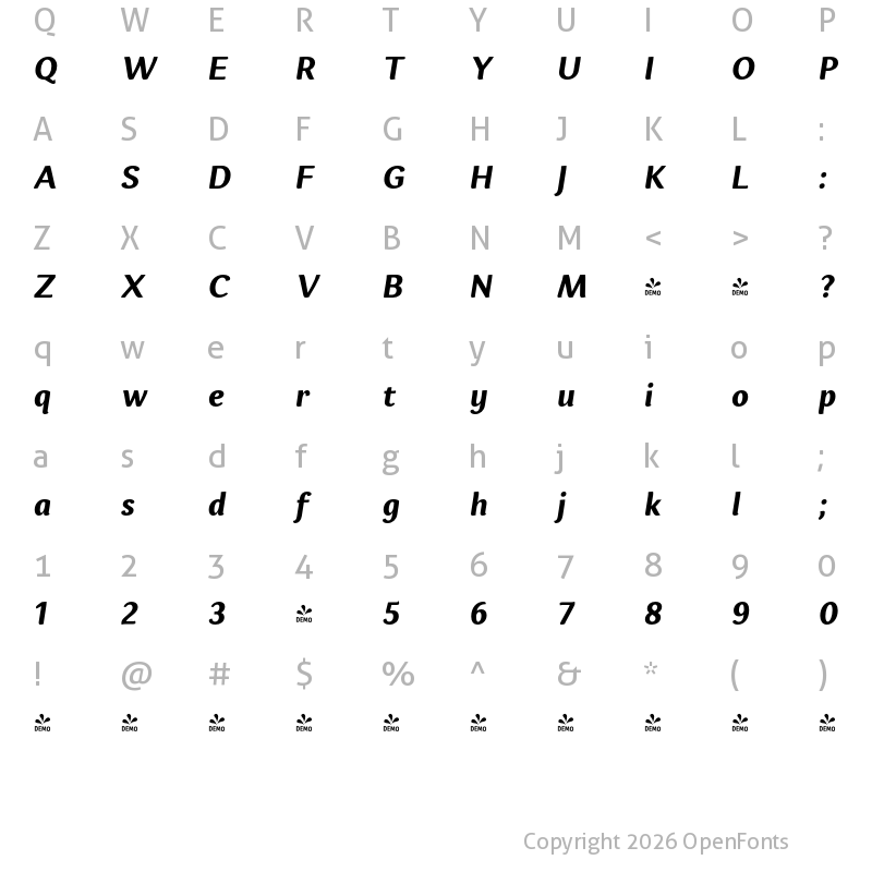 Character Map of FONTSPRING DEMO - Espuma Pro Rg Bold Italic
