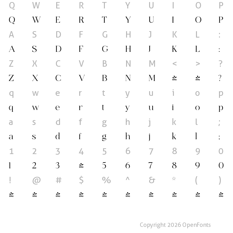 Character Map of FONTSPRING DEMO - Ethereal Light Regular
