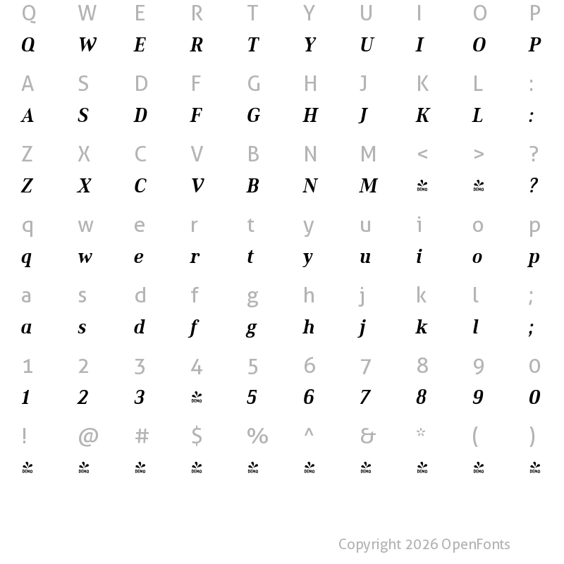Character Map of FONTSPRING DEMO - Ethos Condensed Bold Italic Condensed Bold Italic