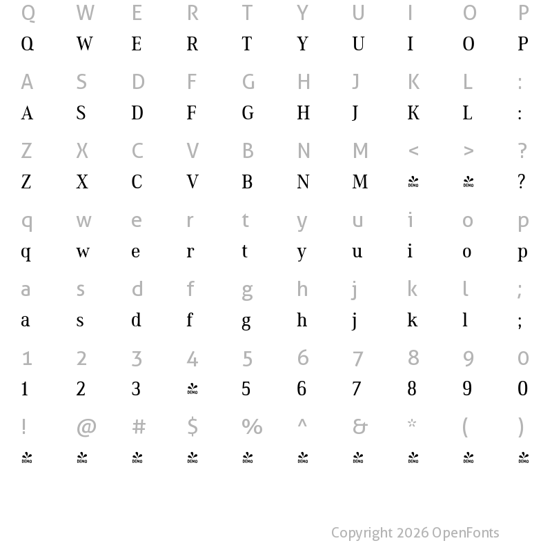 Character Map of FONTSPRING DEMO - Ethos Condensed Regular Condensed Regular