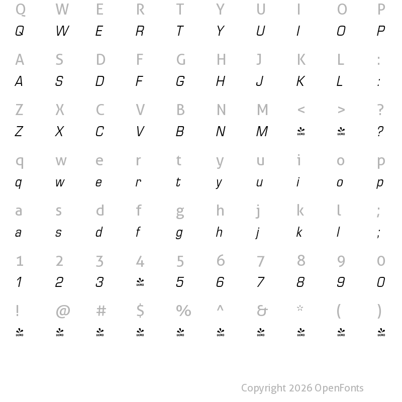 Character Map of FONTSPRING DEMO - EurostileConReg Italic