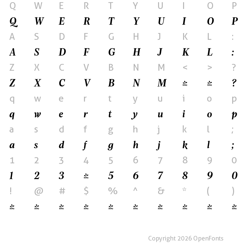 Character Map of FONTSPRING DEMO - Evans Bold Italic