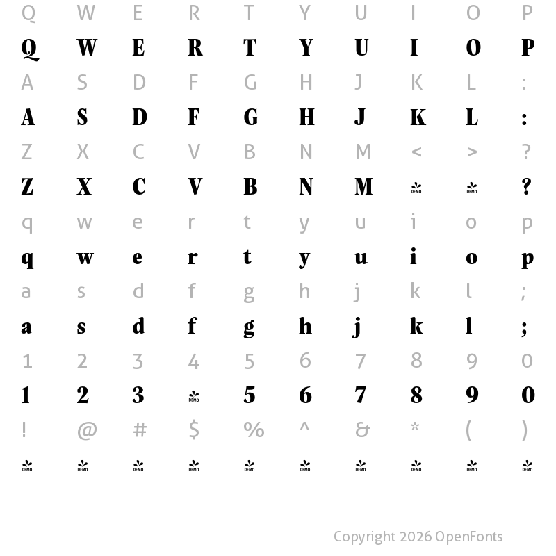 Character Map of FONTSPRING DEMO - Evans Narrow Heavy Regular