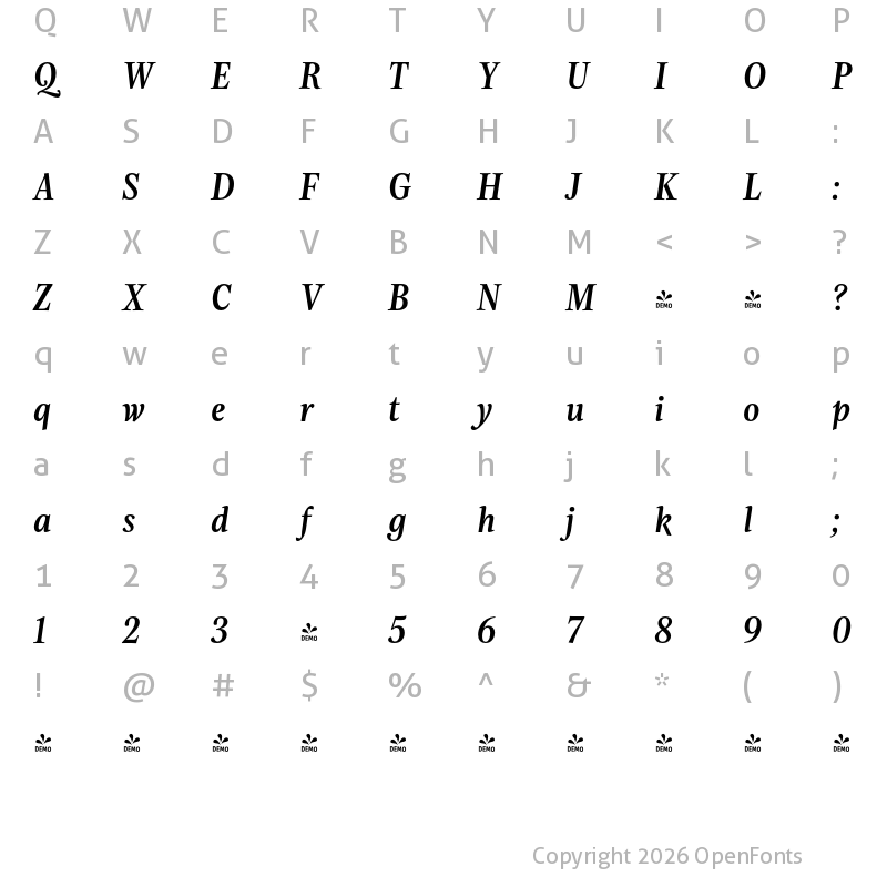 Character Map of FONTSPRING DEMO - Evans Narrow Medium Italic