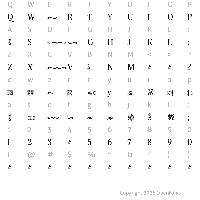 Character Map of FONTSPRING DEMO - Evans Ornaments Regular