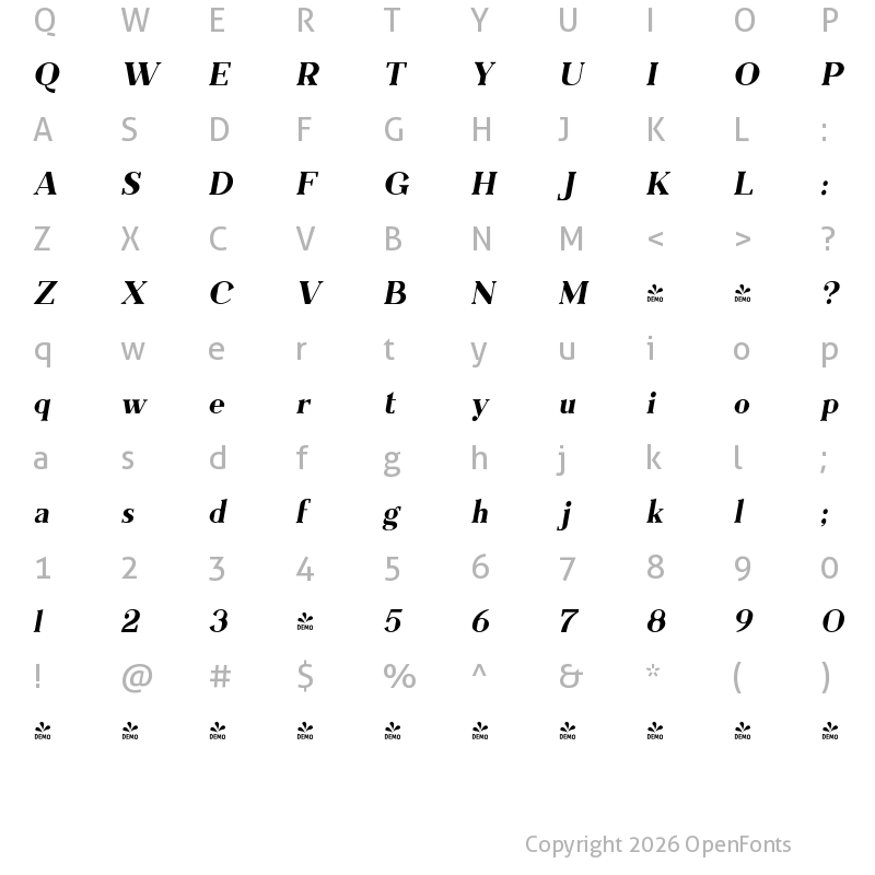 Character Map of FONTSPRING DEMO - Everflow Bold Italic