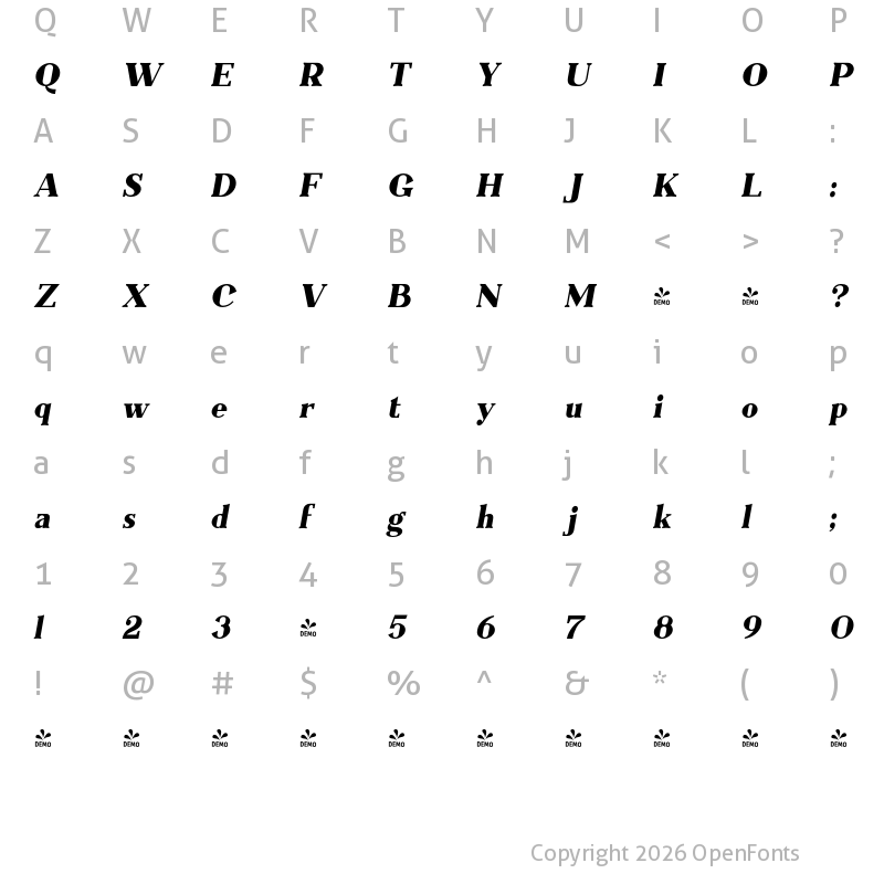 Character Map of FONTSPRING DEMO - Everflow Extra Bold Italic