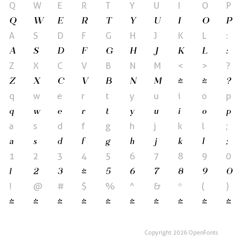 Character Map of FONTSPRING DEMO - Everflow Italic
