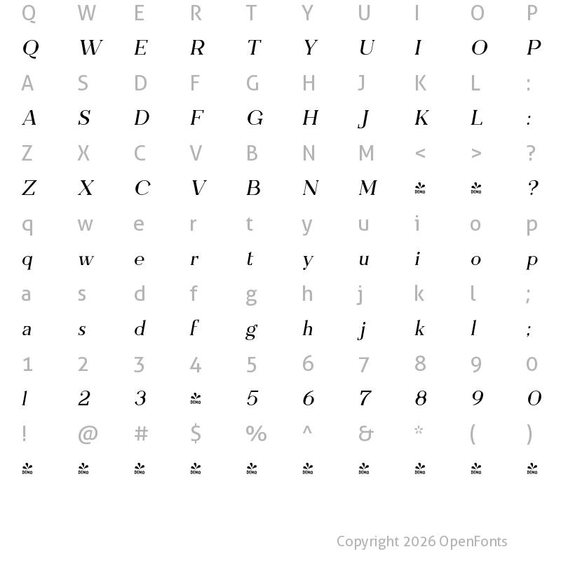 Character Map of FONTSPRING DEMO - Everflow Light Italic
