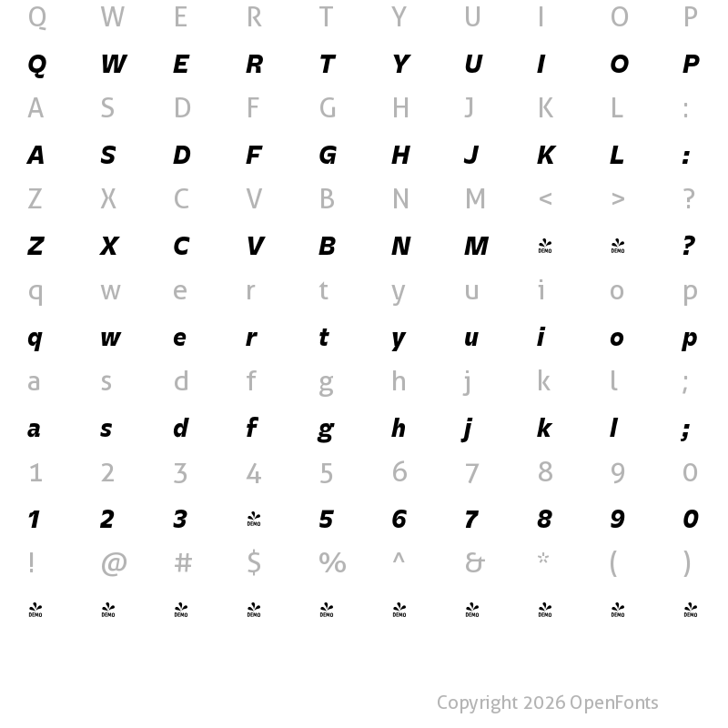 Character Map of FONTSPRING DEMO - Evert Latin Text ExtraBold Italic