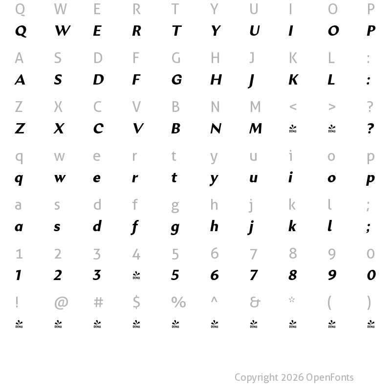 Character Map of FONTSPRING DEMO - Excentra Pro Bold Italic