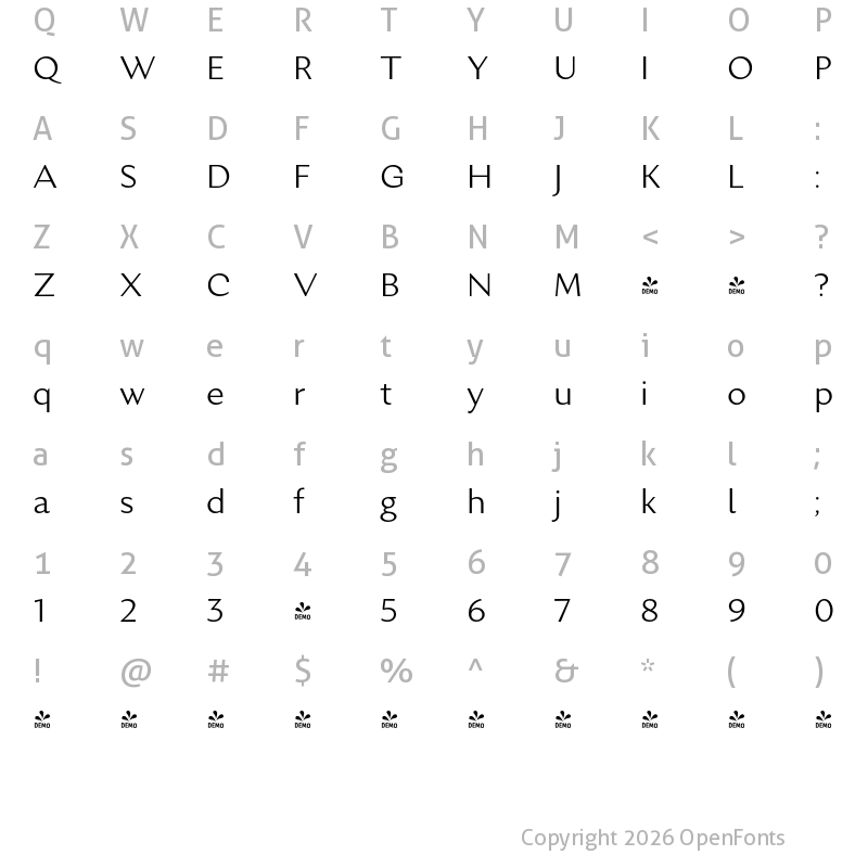 Character Map of FONTSPRING DEMO - Excentra Pro Lt Regular
