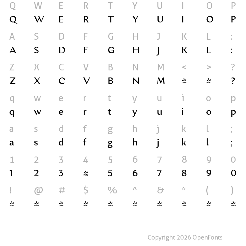 Character Map of FONTSPRING DEMO - Excentra Pro Md Regular