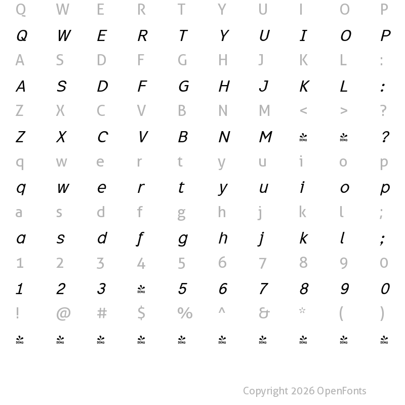 Character Map of FONTSPRING DEMO - Excite Italic