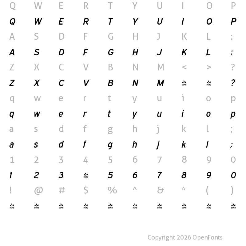 Character Map of FONTSPRING DEMO - Expressway Soft Sb Italic