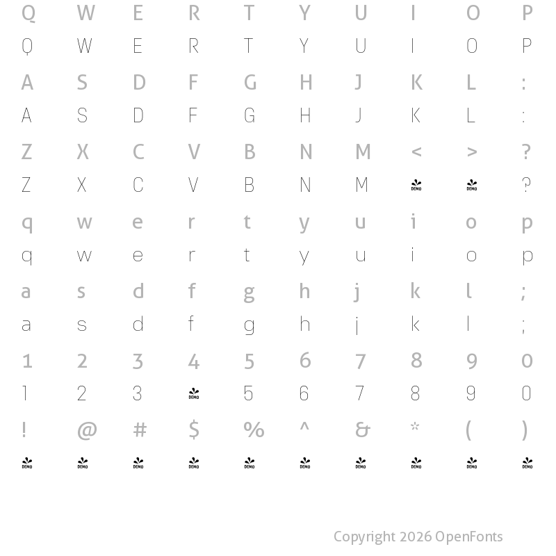 Character Map of FONTSPRING DEMO - Extatica Thin Regular