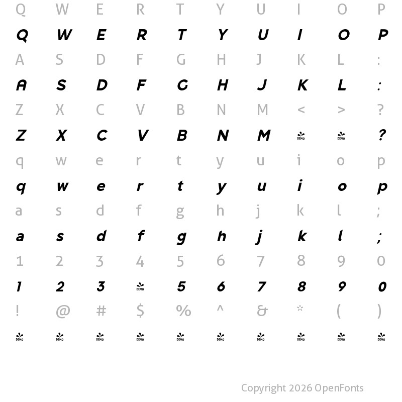Character Map of FONTSPRING DEMO - ExtBd Italic