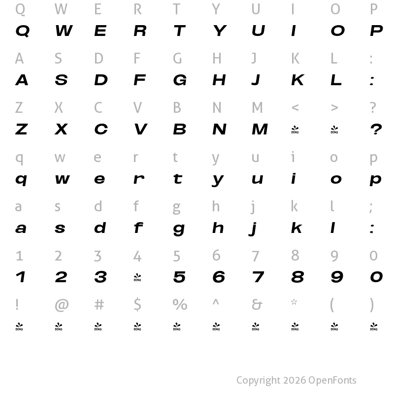 Character Map of FONTSPRING DEMO - ExtBd UltExp Obli Italic