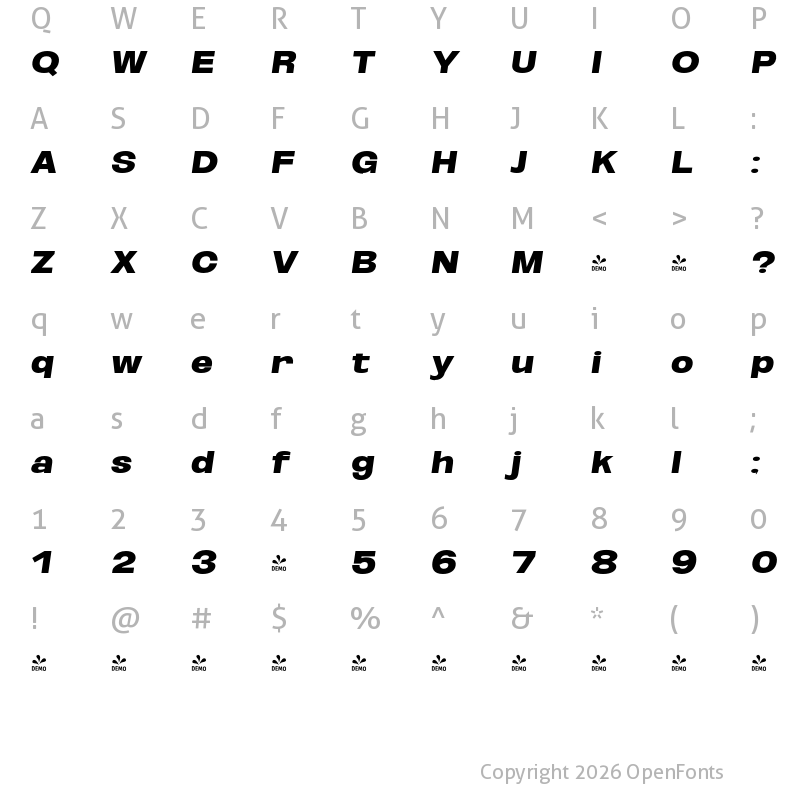 Character Map of FONTSPRING DEMO - ExtBlk Exp Obli Italic