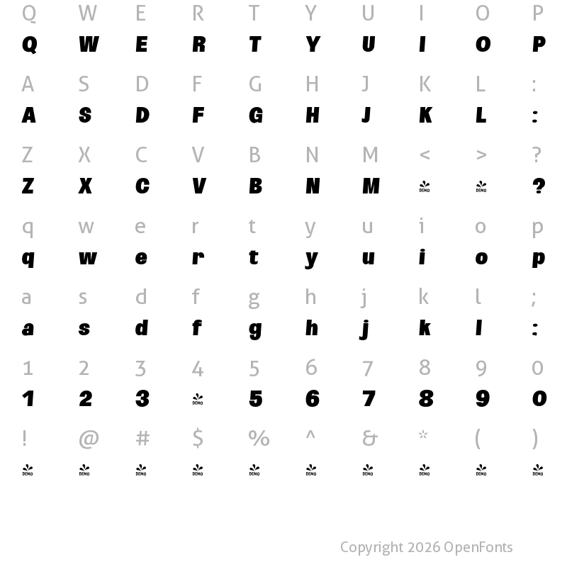 Character Map of FONTSPRING DEMO - ExtBlk UltCond SeObli Italic