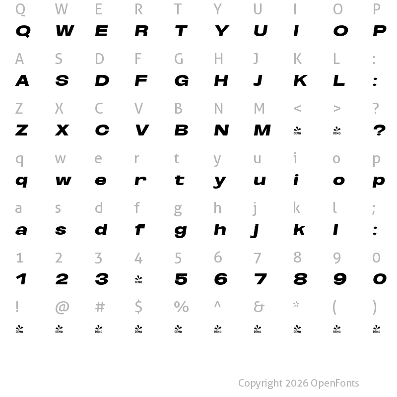 Character Map of FONTSPRING DEMO - ExtBlk UltExp Obli Italic