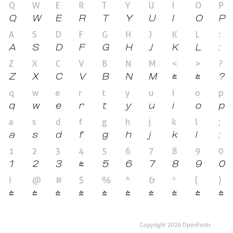Character Map of FONTSPRING DEMO - ExtLt ExtExp UtObli Italic