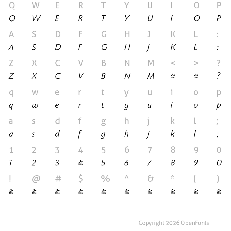 Character Map of FONTSPRING DEMO - Faber Sans Pro Italic