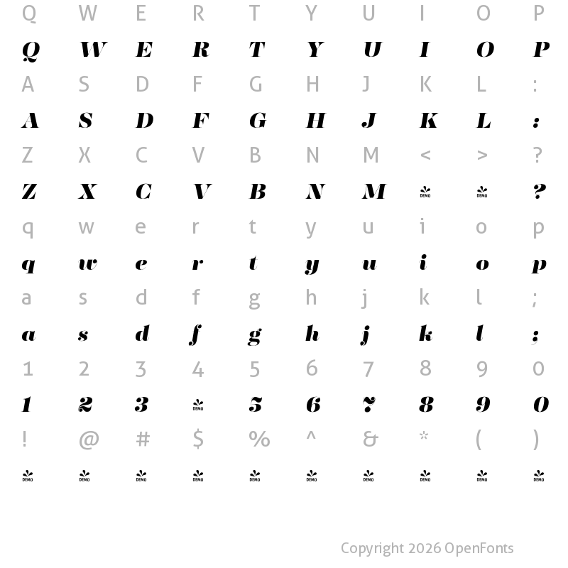Character Map of FONTSPRING DEMO - Fabrica Heavy Italic Regular