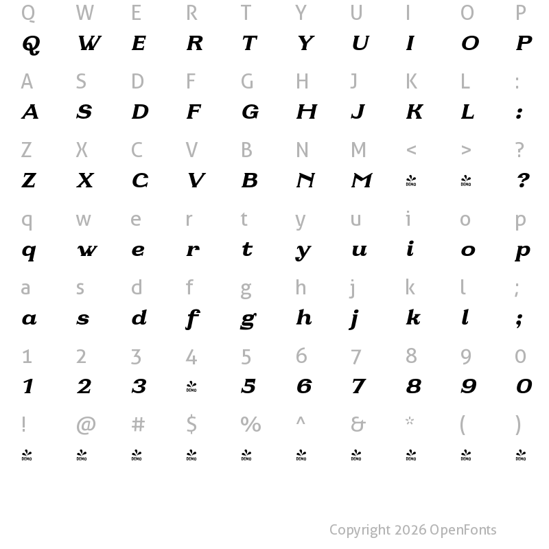 Character Map of FONTSPRING DEMO - Fabular Extra Bold Italic Regular