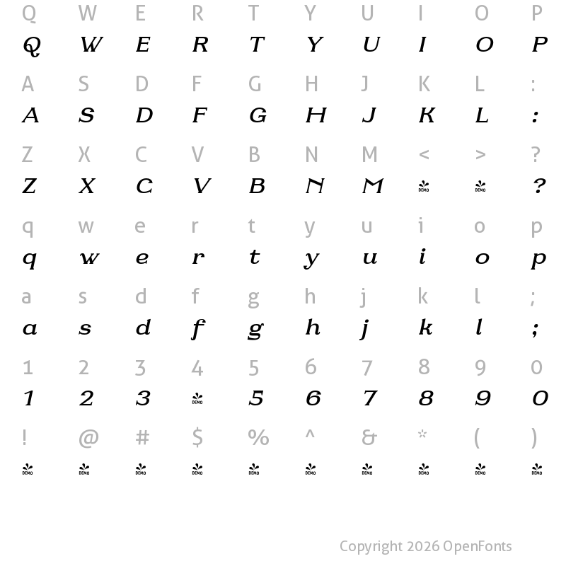 Character Map of FONTSPRING DEMO - Fabular Semi Bold Italic Regular