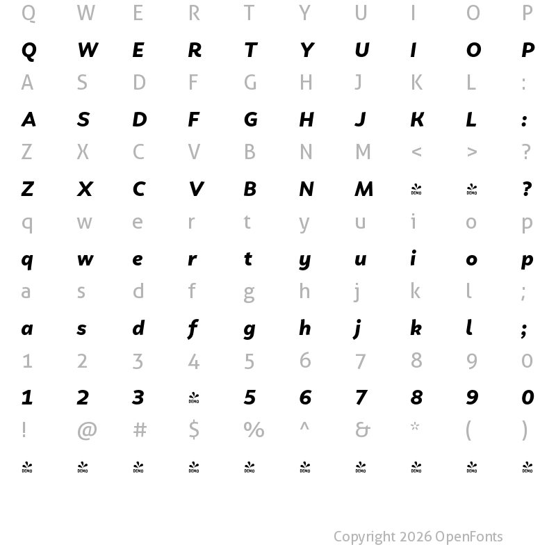 Character Map of FONTSPRING DEMO - Faible Bold Italic