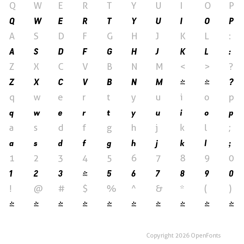 Character Map of FONTSPRING DEMO - Falena Bold Italic Regular