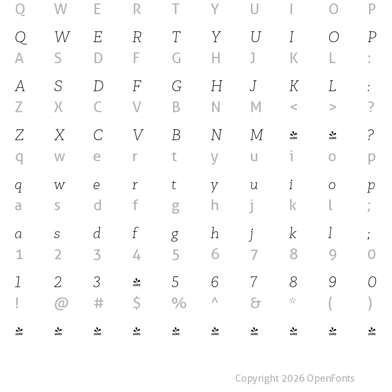 Character Map of FONTSPRING DEMO - Faraon ExtraLight Italic Regular