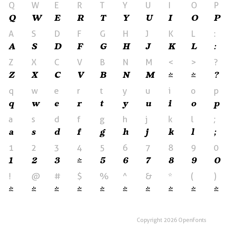 Character Map of FONTSPRING DEMO - Fedro ExtBd Italic